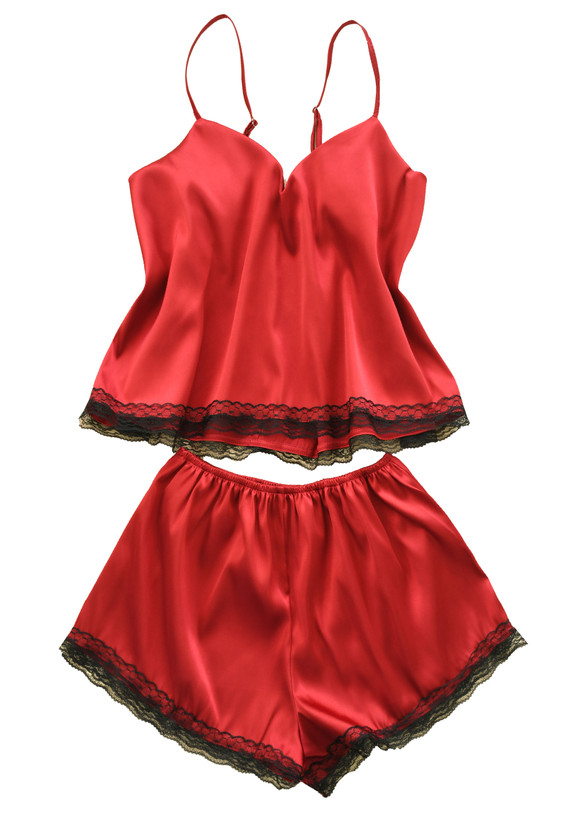 ست تاپ و شورتک ساتن گیپور دار